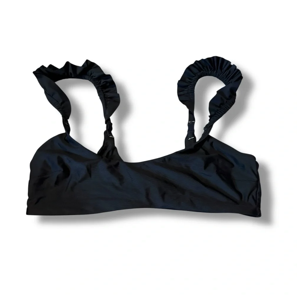 Aerie‎ Bikini Top Women’s Size Large Black Scoop Neck Ruffle Strap Swim